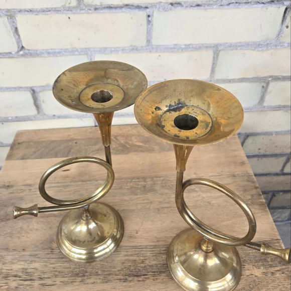 Vintage Brass Trumpet Candle Holders - Picture 7 of 7